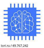 Blue vector image displays a white brain illustration with neural network patterns inside a blue microchip frame. Represents themes of AI, machine learning, neural networks, technology, and electronic. Neural Network Brain Inside a Blue Microchip Frame Representing AI and Machine Learning Concepts. Стоковая иллюстрация, агентство Ingram Publishing / Фотобанк Лори