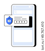 A smartphone displaying a lock icon shield with password input for enhanced digital security. Ideal for cybersecurity, data protection, mobile apps, user authentication, technology. Minimalist, modern. Mobile Security and Password Protection Interface with Shield Lock Symbol. Стоковая иллюстрация, агентство Ingram Publishing / Фотобанк Лори