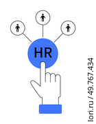 Hand pointing at a blue HR button, linked to three people icons. Ideal for HR, recruitment, workforce management, employee relations, human resources technology.. Hand pointing at HR button in center with people connected by lines, representing human resources management. Стоковая иллюстрация, агентство Ingram Publishing / Фотобанк Лори