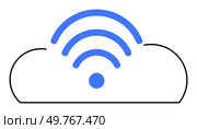 Simple cloud outline with blue Wi-Fi signal symbolizing wireless connectivity. Ideal for cloud computing, wireless technology, internet, data storage, modern tech. Minimalist and clean style.. Cloud Storage with Wireless Connectivity Symbol in Simplistic Vector Design. Стоковая иллюстрация, агентство Ingram Publishing / Фотобанк Лори