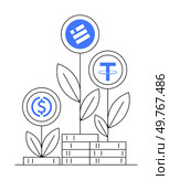 Coins sprout into plants from stacks of coins, signifying growth. Ideal for cryptocurrency, investment strategies, financial growth, digital currency market trends, and fintech. Minimalist, clean. Cryptocurrency Growth Represented by USD Coin, Tether, and Binance USD Symbols on Growing Plants. Стоковая иллюстрация, агентство Ingram Publishing / Фотобанк Лори
