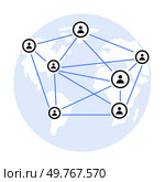 Circular network with interconnected user icons, representing global communication. Connections cover map of continents. Ideal for technology, communication, networking, global business, and collabora. Global Network Connections and Collaboration Across Continents. Стоковая иллюстрация, агентство Ingram Publishing / Фотобанк Лори