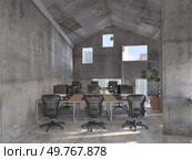 A sleek, office room with a minimalist design, and large concrete windows flooding the space with light. 3D render. A sleek, office room. Стоковое фото, агентство Ingram Publishing / Фотобанк Лори
