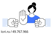 Woman with raised hand stops two fists. Ideal for conflict resolution, peace, anti-bullying, non-violence, assertiveness. Simple, bold style.. Woman Raising Her Hand to Stop Two Fists, Refusing Conflict. Стоковая иллюстрация, агентство Ingram Publishing / Фотобанк Лори