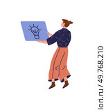 A person stands holding a tablet with a lightbulb icon, symbolizing inspiration and new ideas. Ideal for creative thinking brainstorming entrepreneurship innovation design. Minimalist, modern, clean. Person Holding a Tablet Displaying a Lightbulb Icon for Inspiration or Creative Ideas. Стоковая иллюстрация, агентство Ingram Publishing / Фотобанк Лори
