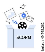 Box with SCORM labeled and various multimedia icons such as an image, video, email, music note, and code above it. Ideal for e-learning, multimedia content, digital education, SCORM packages, online. SCORM box with musical note, image, video, code, and email symbols above it. Стоковая иллюстрация, агентство Ingram Publishing / Фотобанк Лори