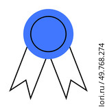 The image depicts a blue ribbon with a circular medallion at the top and two V-cut ribbons pointing downward. Ideal for awards, achievements, certifications, recognitions, and celebrations.. Vector image of a blue assessment ribbon with a round medallion and two downward-pointing ribbons. Стоковая иллюстрация, агентство Ingram Publishing / Фотобанк Лори
