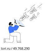 Man holding a shield kneeling, deflecting three incoming missiles labeled DDoS. Ideal for cyber security, defense strategies, risk management, online protection, and IT infrastructure. Minimalist. Man Defending Against Cyber Attacks With Shield While Three Missiles Labeled DDoS Fly Toward Him. Стоковая иллюстрация, агентство Ingram Publishing / Фотобанк Лори