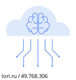 A cloud with a brain and connecting lines represents cloud computing, artificial intelligence, and technology integration. Ideal for technology, AI, cloud computing, digital transformation, IoT. Minim. Brain with Circuit Lines Connected to a Cloud Icon. Стоковая иллюстрация, агентство Ingram Publishing / Фотобанк Лори