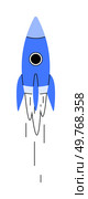 A blue rocket with a simplistic design blasting off. Ideal for space themes, science fiction, technology, adventure, imaginative exploration. Minimalist, clean, modern.. Blue Rocket Launching Upwards with Bright Booster Flares and Minimalist Design. Стоковая иллюстрация, агентство Ingram Publishing / Фотобанк Лори