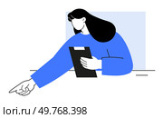 Woman with long hair, holding a clipboard and pointing. Ideal for business presentations, team meetings, workspace organization, professional guidance, instructional material. Simple vector style.. Professional Woman Pointing with a Clipboard in Hand, Dressed in Blue. Стоковая иллюстрация, агентство Ingram Publishing / Фотобанк Лори