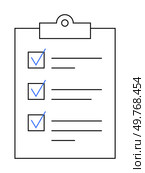 A clipboard with a checklist of three items, each marked with a blue checkmark. Ideal for productivity, task management, organization, project planning, and to-do lists. Simple minimalist style.. Organized Checklist on a Clipboard with Three Blue Checkmarks, Ready for Task Completion. Стоковая иллюстрация, агентство Ingram Publishing / Фотобанк Лори