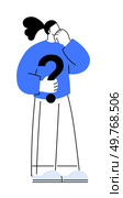 Person with a hand on chin, seemingly thinking, holds a large question mark. Ideal for problem-solving, decision-making, questioning, curiosity, and brainstorming. Simple cartoon style.. Person Thinking with Hand on Chin and Holding Question Mark in Blue Sweater. Стоковая иллюстрация, агентство Ingram Publishing / Фотобанк Лори