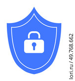 Blue shield icon with a white lock at the center, signifying security and safety. Ideal for online security, data protection, cybersecurity, privacy, and antivirus themes. Flat design style.. Blue Shield with White Lock Symbol Indicating Security and Protection in Digital Environments. Стоковая иллюстрация, агентство Ingram Publishing / Фотобанк Лори