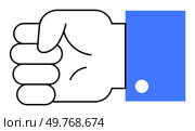 Simple drawn closed fist with blue sleeve. Ideal for communication, symbols, motivation, determination, and cohesion themes. Minimalist line art style. Strong hand. Hand Gesture with Blue Sleeve Symbol of Determination and Strength in Modern Minimalist Art. Стоковая иллюстрация, агентство Ingram Publishing / Фотобанк Лори