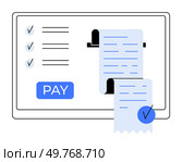 Screen displaying checklist and receipts with PAY button. Ideal for online payments, digital transactions, e-commerce, financial services, and billing. Minimalist, clean, modern.. Online Payment Confirmation with Checkmarks and Receipts on Screen. Стоковая иллюстрация, агентство Ingram Publishing / Фотобанк Лори