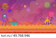 A colorful pixel art scene displays an alien landscape featuring exotic plants, planets, and meteor-like objects against a vibrant sky. Ideal for video games, sci-fi themes, fantasy illustrations. Colorful Fantasy Pixel Art Alien Landscape with Planets and Strange Plants. Стоковая иллюстрация, агентство Ingram Publishing / Фотобанк Лори