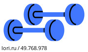 Two blue dumbbells with black accents, arranged in a parallel position on a white background. Ideal for fitness, weightlifting, gym equipment, sports training, healthy lifestyle. Simple vector style.. Two Blue Dumbbells with Black Accents in Minimalist Style on White Background. Стоковая иллюстрация, агентство Ingram Publishing / Фотобанк Лори