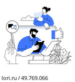 Man and woman interact around oversized digital screen. Speech bubble with check mark. Graph with upward arrows. Blue thumbs-up icon. Nature elements like flowers. Ideal for teamwork, digital. Collaboration and Feedback in Digital Environment with Communication Elements. Стоковая иллюстрация, агентство Ingram Publishing / Фотобанк Лори
