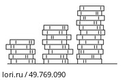 Stacked bars in ascending order showcasing progress. Line-art style. Ideal for data visualization, business growth, financial analysis, progress tracking, and presentations.. Stacked Bar Chart Representation with Increasing Columns Indicating Progression and Growth. Стоковая иллюстрация, агентство Ingram Publishing / Фотобанк Лори