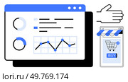 Data visualizations, charts, and graphs on a screen with a hand pointing towards an online cart on a mobile device. Ideal for e-commerce, data analytics, business insights, mobile shopping. Data Analytics and Online Shopping Concept with Graphs and Cart on Mobile Device. Стоковая иллюстрация, агентство Ingram Publishing / Фотобанк Лори