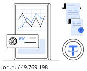Mobile device displaying cryptocurrency chart with Bitcoin symbol BTC and usd symbol T. Receipt with checkmark. Ideal for cryptocurrency trading digital finance mobile apps blockchain technology. Cryptocurrency Trading with Bitcoin and usd on Mobile Device Charts and Receipts. Стоковая иллюстрация, агентство Ingram Publishing / Фотобанк Лори