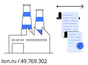 An industrial facility with two striped chimneys beside a rolling document with an arrow indicating workflow. Ideal for themes like manufacturing, documentation, processing, workflow, and industrial. Industrial Facility with Document Process Symbolization and Workflow Indication. Стоковая иллюстрация, агентство Ingram Publishing / Фотобанк Лори