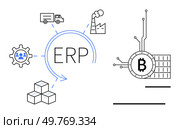 ERP central system connecting to blockchain, manufacturing, logistics, workforce, and inventory management. Ideal for business, technology, logistics, manufacturing, and supply chain. Line art style. ERP Integration with Blockchain Technology and Industrial Process. Стоковая иллюстрация, агентство Ingram Publishing / Фотобанк Лори