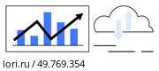 A chart with rising bars and a cloud symbol featuring arrows. Ideal for data analytics showcasing, business growth, technology adaptation, cloud computing, and statistical analysis. Modern, clean. Growth Chart with Cloud Computing Symbols Representing Data Analysis and Technology Trends. Стоковая иллюстрация, агентство Ingram Publishing / Фотобанк Лори