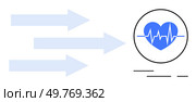 Blue arrows pointing toward a blue heart with heartbeat lines inside a circle. Ideal for healthcare, medical progress, health improvement, heart health, and wellness. Minimalist style with clear. Heartbeat with Arrows Indicating Health Improvement. Стоковая иллюстрация, агентство Ingram Publishing / Фотобанк Лори