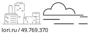 Minimalist cityscape features several buildings of varying heights with a cloud and lines suggesting wind or movement. Ideal for urban themes, real estate, architecture, simplicity concepts, weather. Simple Cityscape with Buildings and Cloud in Clean Line Art. Стоковая иллюстрация, агентство Ingram Publishing / Фотобанк Лори