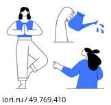Woman stands in a yoga pose with hands together in a meditative stance with other elements showing a hand pouring water from a watering can and person raising a finger. Ideal for wellness. Woman Meditating in Yoga Pose Watering Can Arm and Finger Pointing. Стоковая иллюстрация, агентство Ingram Publishing / Фотобанк Лори