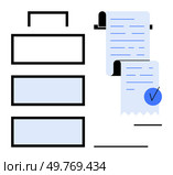 A simple, modern design featuring a filing cabinet with three drawers and two documents with a blue checkmark on a clipboard. Ideal for themes of office work, document management, organization, task. Modern Office Organization with Documents and Checklist. Стоковая иллюстрация, агентство Ingram Publishing / Фотобанк Лори