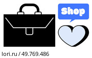 Shop concept. A black briefcase, a blue speech bubble with the word shop, and a light blue heart. Ideal for business themes, retail environments, shopping love, customer relations, and marketing. Shopping and Business Concept with Briefcase, Heart, and Shop Sign. Стоковая иллюстрация, агентство Ingram Publishing / Фотобанк Лори