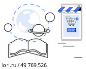 Vector of an open book with planet, a smartphone displaying an online shopping cart with buy button. Ideal for online education, e-commerce, space and planetary science, digital libraries. Online Learning and Astronomy Books and E-Commerce Integration. Стоковая иллюстрация, агентство Ingram Publishing / Фотобанк Лори