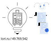A travel-themed concept is displayed with a light bulb containing a packed suitcase, a location map with pins, and a checklist with a blue check mark. Ideal for vacation, planning, organization. Travel Planning Concept with a Light Bulb Luggage, Map, and Vacation Checklist. Стоковая иллюстрация, агентство Ingram Publishing / Фотобанк Лори