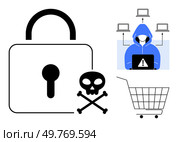 Large lock and skull and crossbones is central, hoodie-clad hacker with computers above, and empty shopping cart below. Ideal for digital security, cybercrime, online protection, malware, and safe. Cybersecurity Threats Including Hacker, Malware, and Secure Online Shopping Concepts. Стоковая иллюстрация, агентство Ingram Publishing / Фотобанк Лори