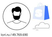 Simple black and white sketch of a male profile inside a circle, accompanied by a blue shopping bag and a small cloud. Ideal for e-commerce, user profiles, shopping apps, digital identities, online. Minimalistic Male Profile with Shopping Bag and Cloud Icon. Стоковая иллюстрация, агентство Ingram Publishing / Фотобанк Лори