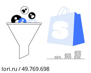 Funnel directing simple shapes, blue shopping bag and stacked coins representing business processes. Ideal for marketing, sales, business strategy, customer conversion, financial growth. Minimalist. Funnel with various elements, shopping bag, and stacks of coins reflecting business concepts. Стоковая иллюстрация, агентство Ingram Publishing / Фотобанк Лори