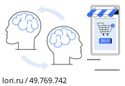 Two human heads with brains connected by arrows pointing to a smartphone with a shopping cart and buy button. Ideal for marketing, consumer behavior, digital commerce, psychology, and technology. Human Mind and Online Shopping Connection. Стоковая иллюстрация, агентство Ingram Publishing / Фотобанк Лори