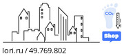 Minimalist cityscape featuring various tall buildings. Blue footprint with CO2 and down arrow suggest reducing carbon footprint. Blue shopping symbol included. Ideal for urban living sustainability. Modern Urban Skyline with CO2 Emission Reduction and Shopping Symbols. Стоковая иллюстрация, агентство Ingram Publishing / Фотобанк Лори