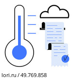 A thermometer next to a cloud-connected receipt printout. Ideal for weather tracking, digital transformation, cloud computing, temperature monitoring, and data recording themes. Simple, modern. Thermometer and Cloud-connected Receipt Printout Representation. Стоковая иллюстрация, агентство Ingram Publishing / Фотобанк Лори