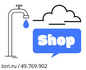Water tap with a blue drop and a cloud combined with a shopping sign in a blue text bubble. Ideal for environment water conservation rain shopping and cloud storage. Minimalist vector style. Water Tap with Drop and Cloud Shopping Sign in Blue and Black. Стоковая иллюстрация, агентство Ingram Publishing / Фотобанк Лори