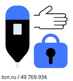 Medical device, hand gesture, and padlock indicate health technology and security. Ideal for medical safety, healthcare privacy, data protection, secure medical communication, healthcare access. Healthcare and Security Elements for Medical Safety and Privacy. Стоковая иллюстрация, агентство Ingram Publishing / Фотобанк Лори