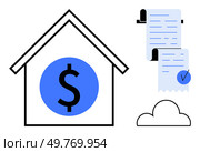 A house with a dollar symbol, a stack of receipts with a checkmark, and a cloud. Ideal for finance, budgeting, home expenses, real estate, and financial planning. Simple vector style. House with Dollar Symbol and Receipts Highlighting Financial Management and Home Expenses. Стоковая иллюстрация, агентство Ingram Publishing / Фотобанк Лори