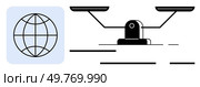 World globe icon alongside a balance scale. Ideal for themes of global justice, fairness, law, equality, and international relations. Simple graphic style. World Globe and Scale Symbolizing Global Justice and Equality. Стоковая иллюстрация, агентство Ingram Publishing / Фотобанк Лори