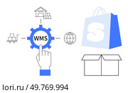 Warehouse, shipping cart, globe, finger pressing WMS gear, shopping bag, closed box Ideal for warehouse management, e-commerce, logistics, shipping, inventory control. Simple flat design. Warehouse Management System Components Featuring Online Shopping, Shipping, and Storage. Стоковая иллюстрация, агентство Ingram Publishing / Фотобанк Лори
