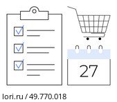 A clipboard with a checklist marked with blue check marks next to a shopping cart and a calendar page showing the 27th. Ideal for task management, productivity, scheduling, planning, and shopping. Task Completion Date with Shopping Cart and Checklist. Стоковая иллюстрация, агентство Ingram Publishing / Фотобанк Лори