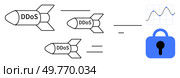 Missiles labeled DDoS are aimed at a blue lock with a graph. Ideal for illustrating cyberattacks security data protection online threats network vulnerabilities. Black white blue colours. Cartoon. DDoS Attack Threat Illustration with Missiles and Security Lock Symbolizing Cybersecurity Challenges. Стоковая иллюстрация, агентство Ingram Publishing / Фотобанк Лори