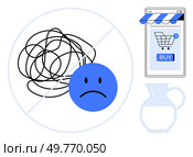 A tangled scribble crossed out with a sad face beside a smartphone showing a shopping cart icon and buy button. Ideal for e-commerce, customer satisfaction, user experience, website design. Simplifying Online Shopping with a User-Friendly Website Design for Customer Satisfaction. Стоковая иллюстрация, агентство Ingram Publishing / Фотобанк Лори